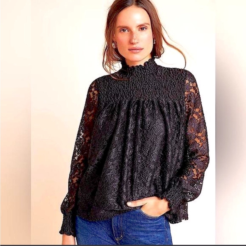 Cable & Gauge Lace Blouse turtleneck high  Neck Long Sleeve flowy feminine